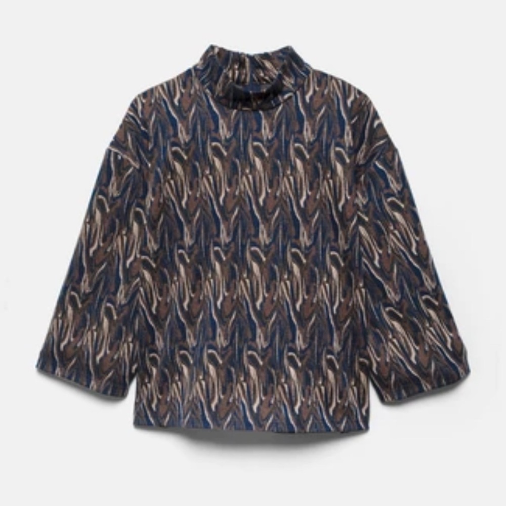 🎤🎉 Lanidor Women’s Blue, Brown & Gold Patterned Top Sz L